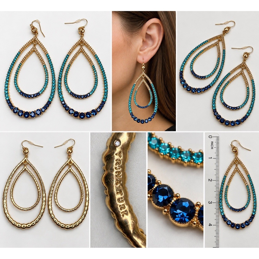 Trina Turk Blue Rhinestone Double Teardrop Dangle Earrings Gold Tone 3.5"